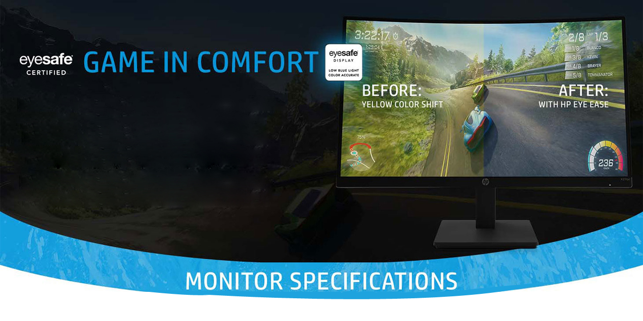 A monitor displays an in-game scene of two race cars racing on a monitor in the wild